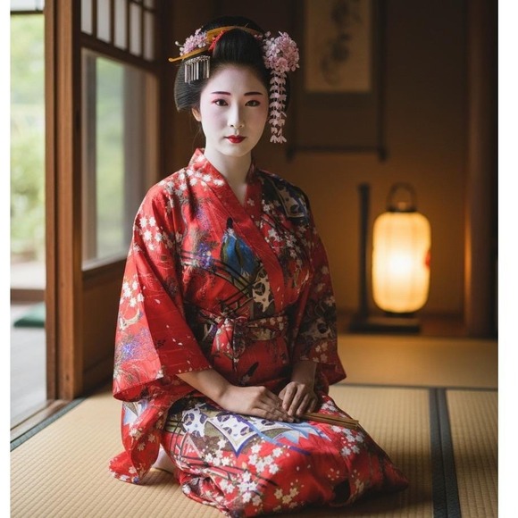 DEADSTOCK Vintage Kimono Robe, Red Polyester, Figures & Sakura, Made in Japan - Picture 1 of 9